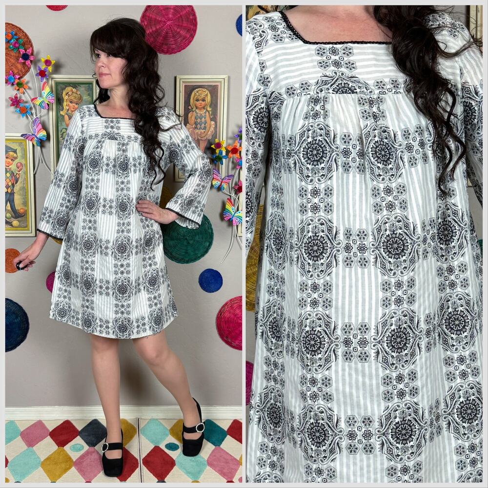 Vintage 1970s White and Black Gauzy A-Line Maternity Minidress